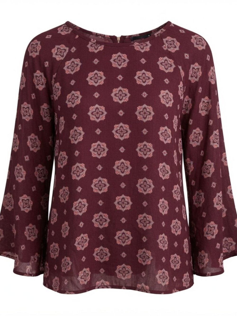 Paper Moon Blouse Medallion Print Womens Sz L Burgundy Wine L/S Top Zip Boho EUC